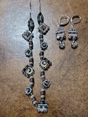 Ayala Bar Silver Gray Beaded Drop Earrings & Necklace